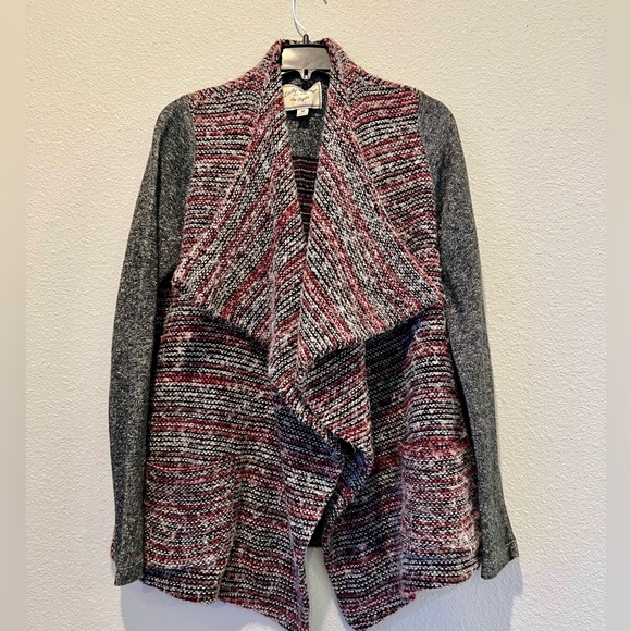 Lucky Brand Red Black Tweed Waterfall Open Cardigan Exaggerated Collar Pockets M - Picture 3 of 8